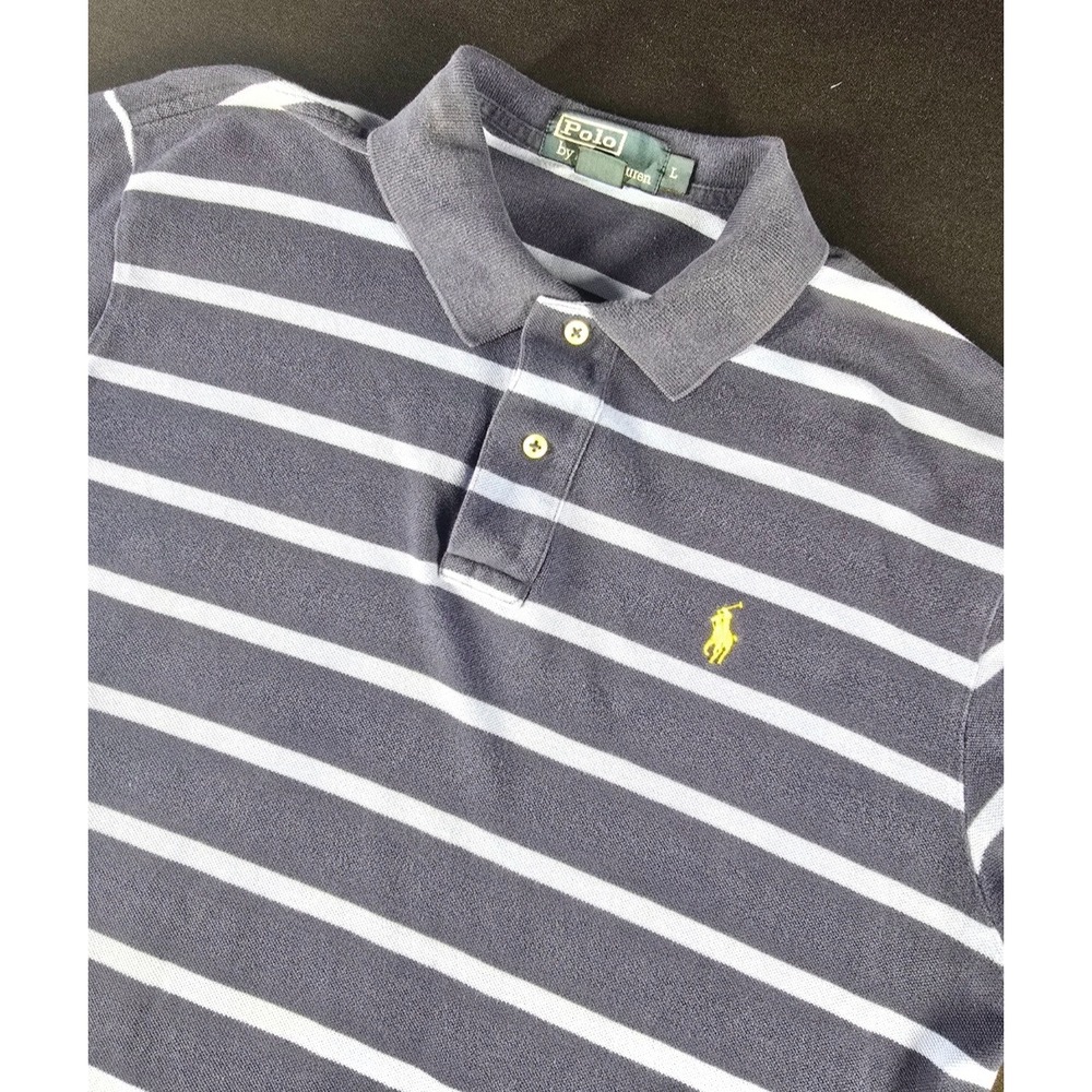 Polo Ralph Lauren Mens Large Blue Striped Short Sleeve Cotton Pique Polo Shirt